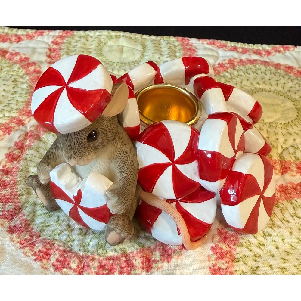 Charming Tails Fitz Floyd Candle Holder Red Peppermint Mouse 93/421